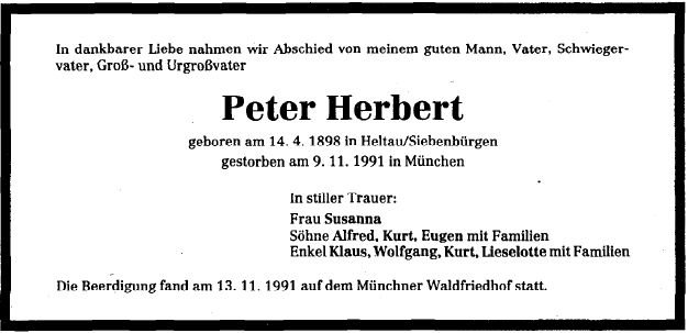 Herbert Peter 1898-1991 Todesanzeige